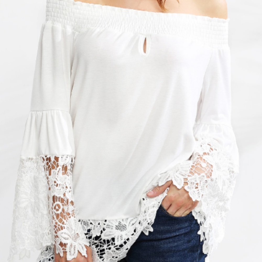 Romwe: White Crochet Off-The-Shoulder Blouse